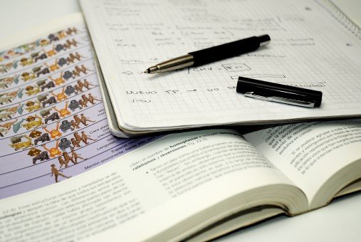 Photo of an open book with an open notebook and pen on top. Feeling is "academic"