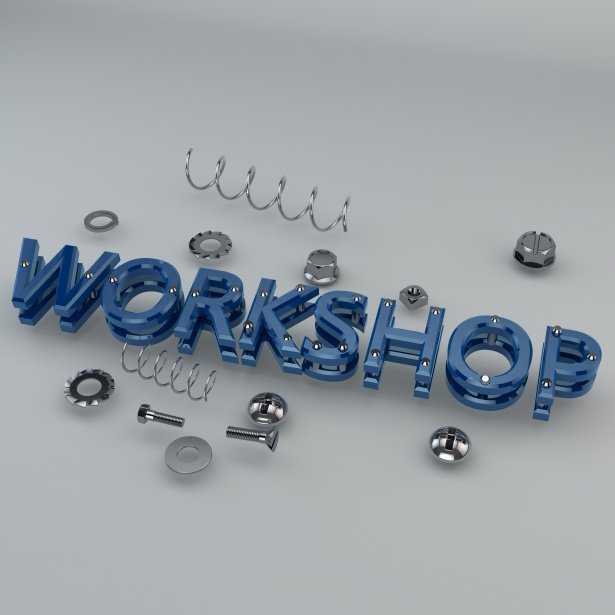 the word workshop rendered in metal letters surrounded by springs, nuts, and bolts