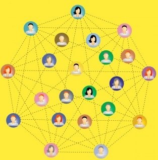 A cartoon drawing of blank human faces as nodes connected by lines.